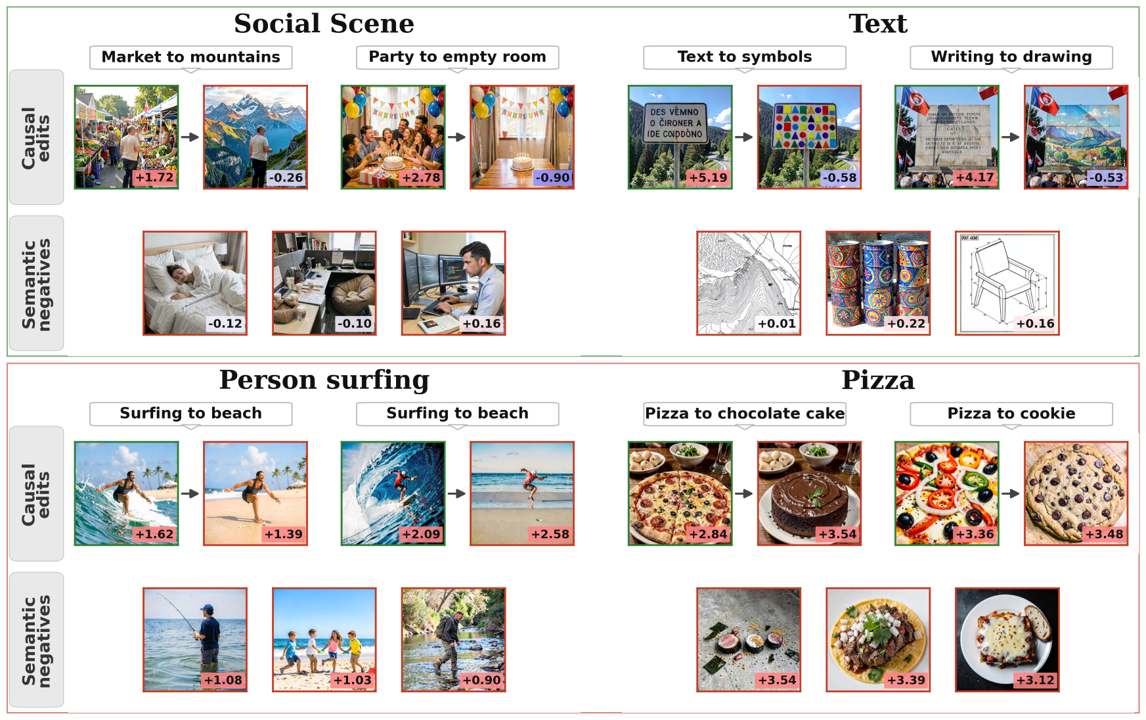 Causal edits and semantic negatives used to evaluate discovered brain regions